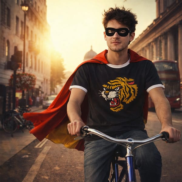 Black ringer tee with white bands featuring a weathered yellow and red traditional tiger head graphic, styled in an 80s analog photography aesthetic.