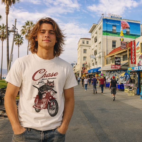 Black cat riding a red motorcycle with script text reading Chase your dreams on a white Comfort Colors t-shirt